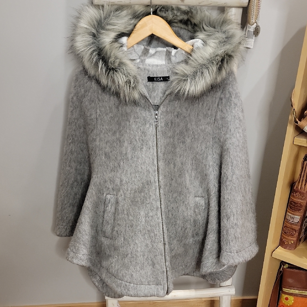 Gray Faux Fur Felted Wool Hooded Cape